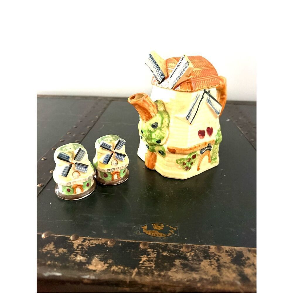 Vintage Japan Windmill Teapot 2 Cup With Salt And Pepper Shakers